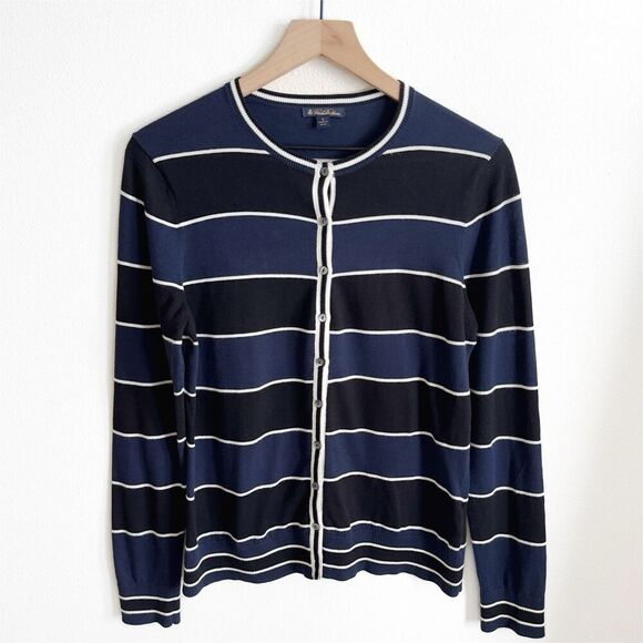 Brooks Brothers Sweater Womens Large Navy Striped Button Up Cotton Preppy Office - Picture 1 of 13